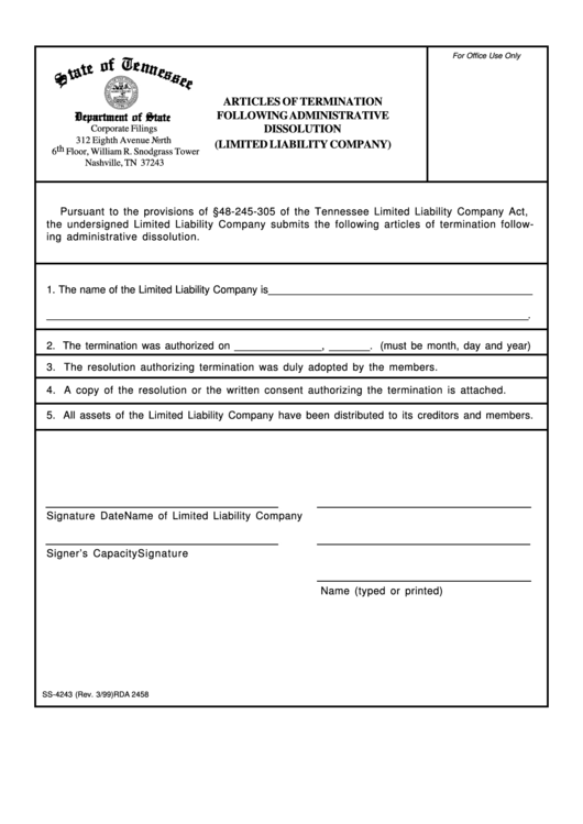 Form Ss-4243 - Articles Of Termination Following Administrative Dissolution - Limited Liability Company Printable pdf
