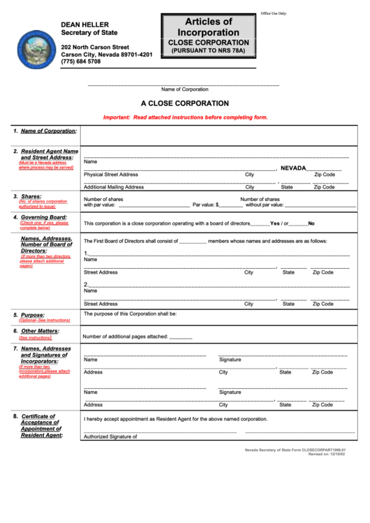 Form Closecorpart1999.01 - Articles Of Incorporation For A Close Corporation - 2002 Printable pdf