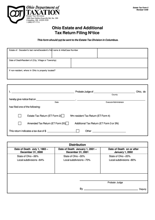 Estate Tax Form 5 - Ohio Estate And Additional Tax Return Filing Notice - 2000 Printable pdf