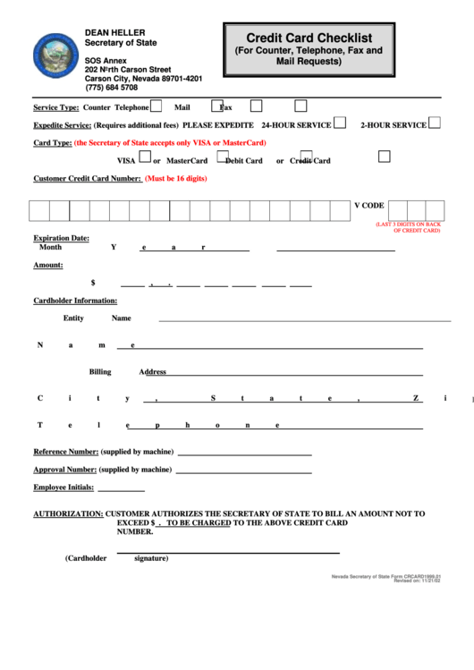 Form Crcard1999.01 - Credit Card Checklist - Nevada Secretary Of State Printable pdf