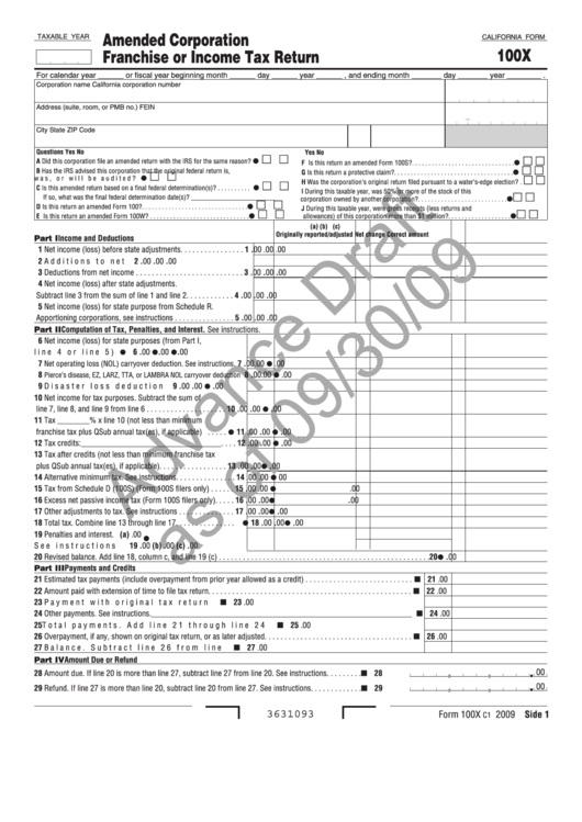 California Form 100x Draft - Amended Corporation Franchise Or Income Tax Return - 2009 Printable pdf