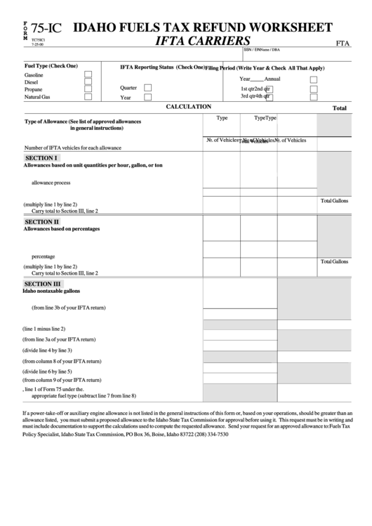 Form 75-Ic - Idaho Fuels Tx Refund Worksheet - 2000 Printable pdf