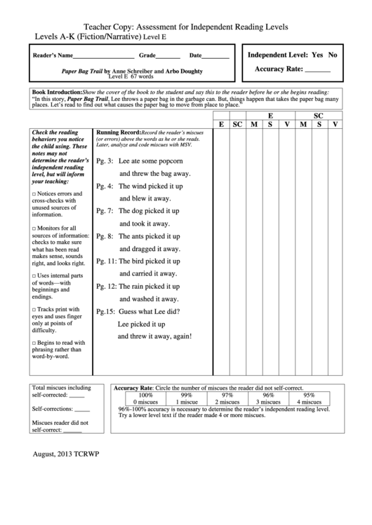 Assessment For Independent Reading Levels - Teacher Copy