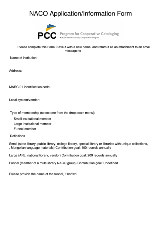 Fillable Application/information Form - Name Authority Cooperative Program(Naco) Printable pdf