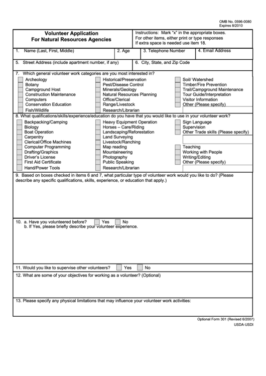 Fillable Optional Form 301 - Volunteer Application For Natural Resources Agencies Printable pdf