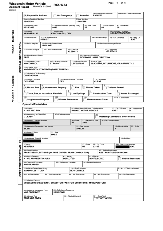 Form Rx5h733 - Wisconsin Motor Vehicle Accident Report Printable pdf