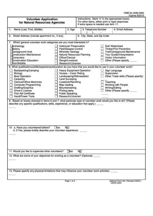 Fillable Optional Form 301 - Volunteer Application For Natural Resources Agencies Printable pdf