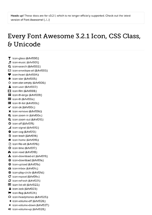 Every Font Awesome 3.2.1 Icon, Css Class, & Unicode Printable pdf