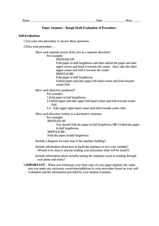 Paper Airplane Lab Procedure Evaluation Printable pdf