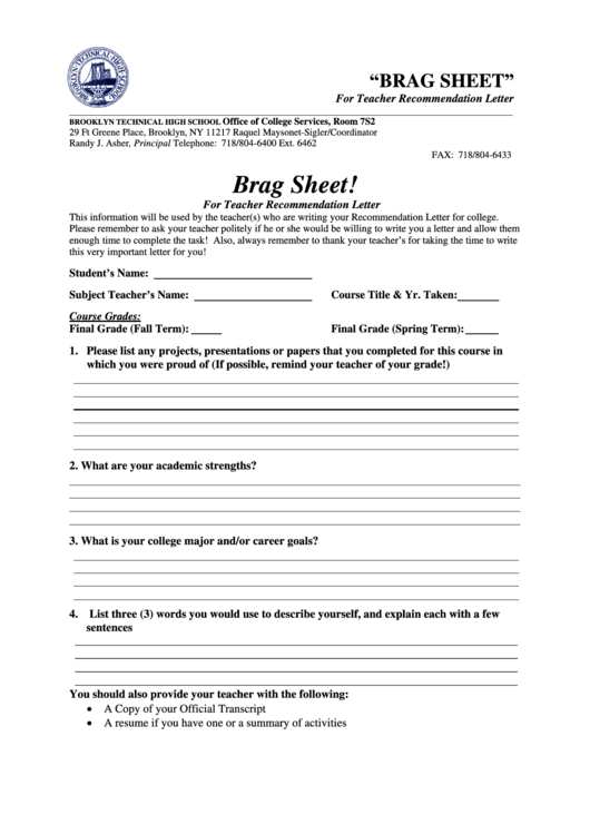 Brag Sheet For Teacher Recommendation Letter Form Printable Pdf Download