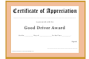 Good Driver Award - Certificate Of Appreciation Template