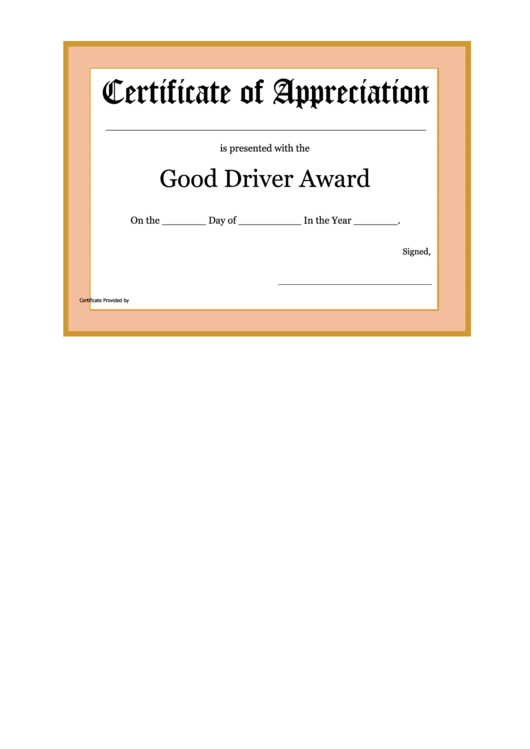 Good Driver Award - Certificate Of Appreciation Template Printable pdf
