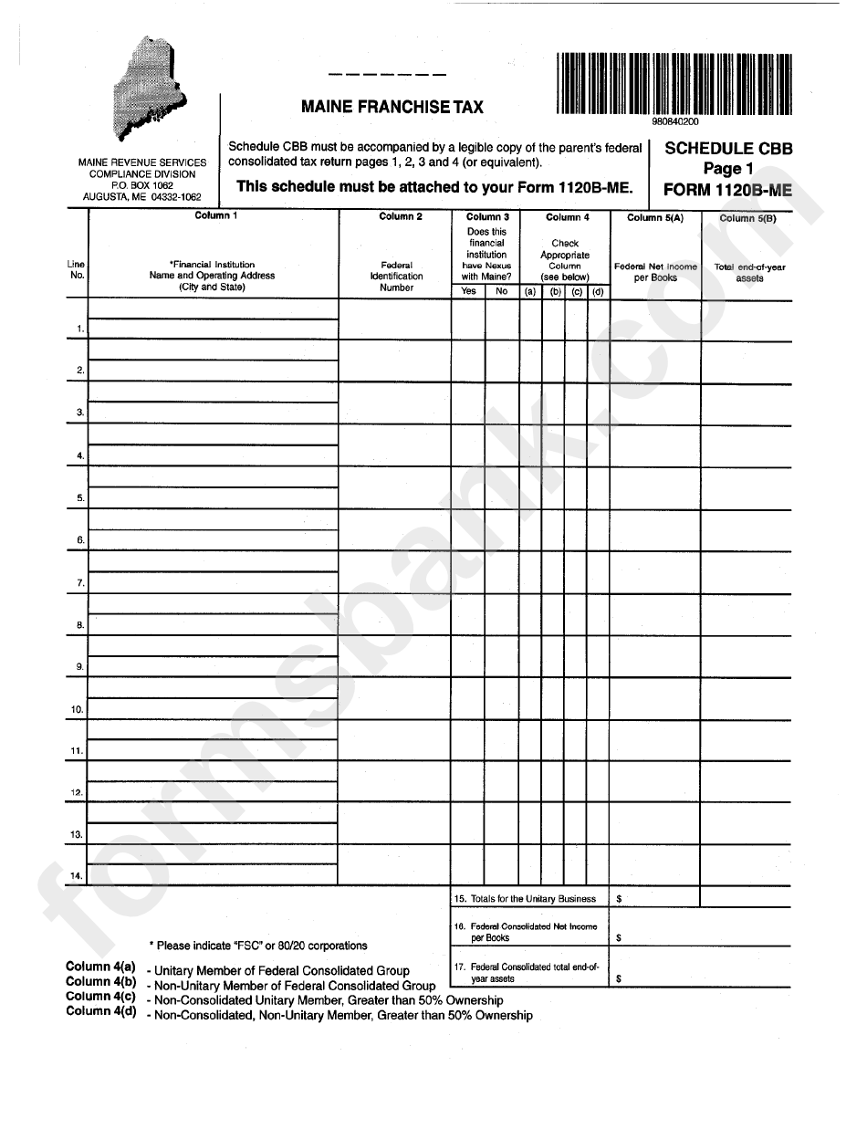 Form 1120b-Me Schedule Cbb - Maine Franchise Tax
