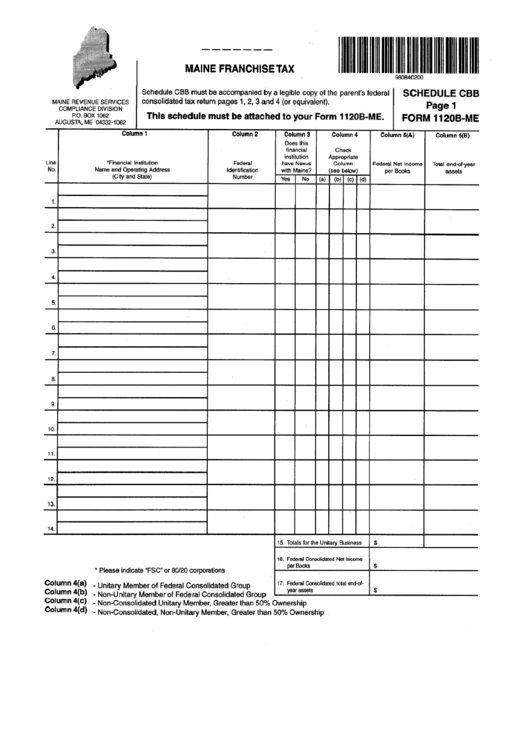 Fillable Form 1120b-Me Schedule Cbb - Maine Franchise Tax Printable pdf