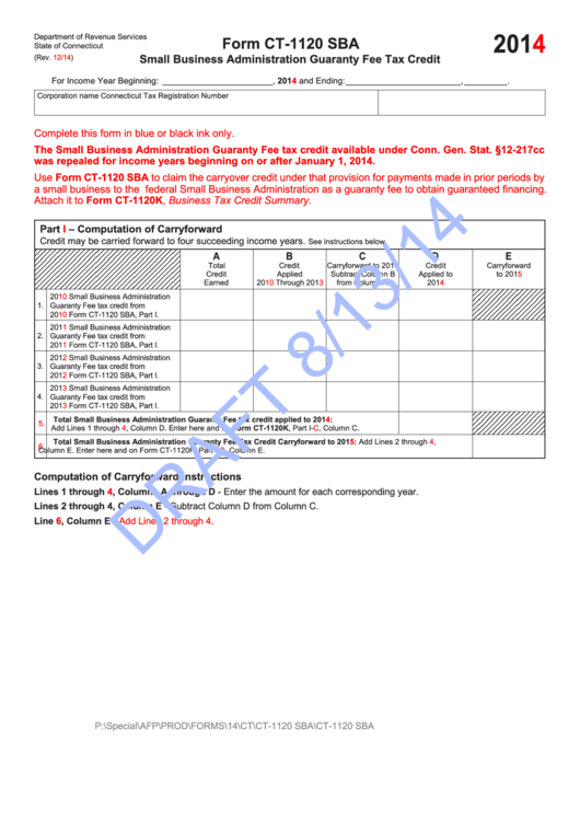 Form Ct-1120 Sba Draft - Small Business Administration Guaranty Fee Tax Credit - 2014 Printable pdf