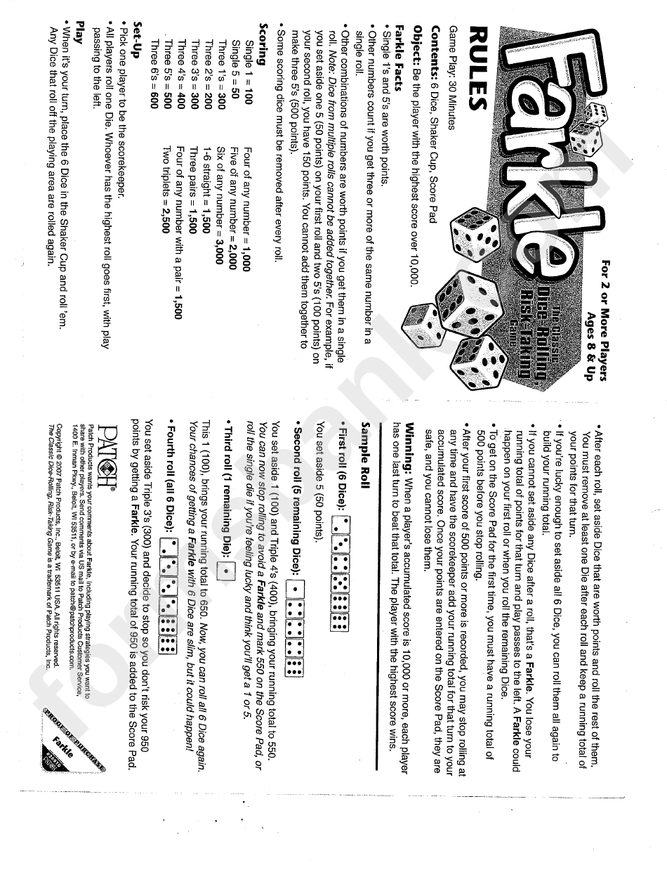 Farkle Score Sheet And Rules Printable Pdf Download