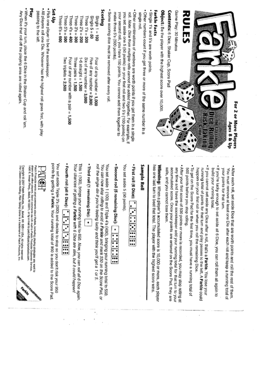 farkle rules and scoring printable for kids