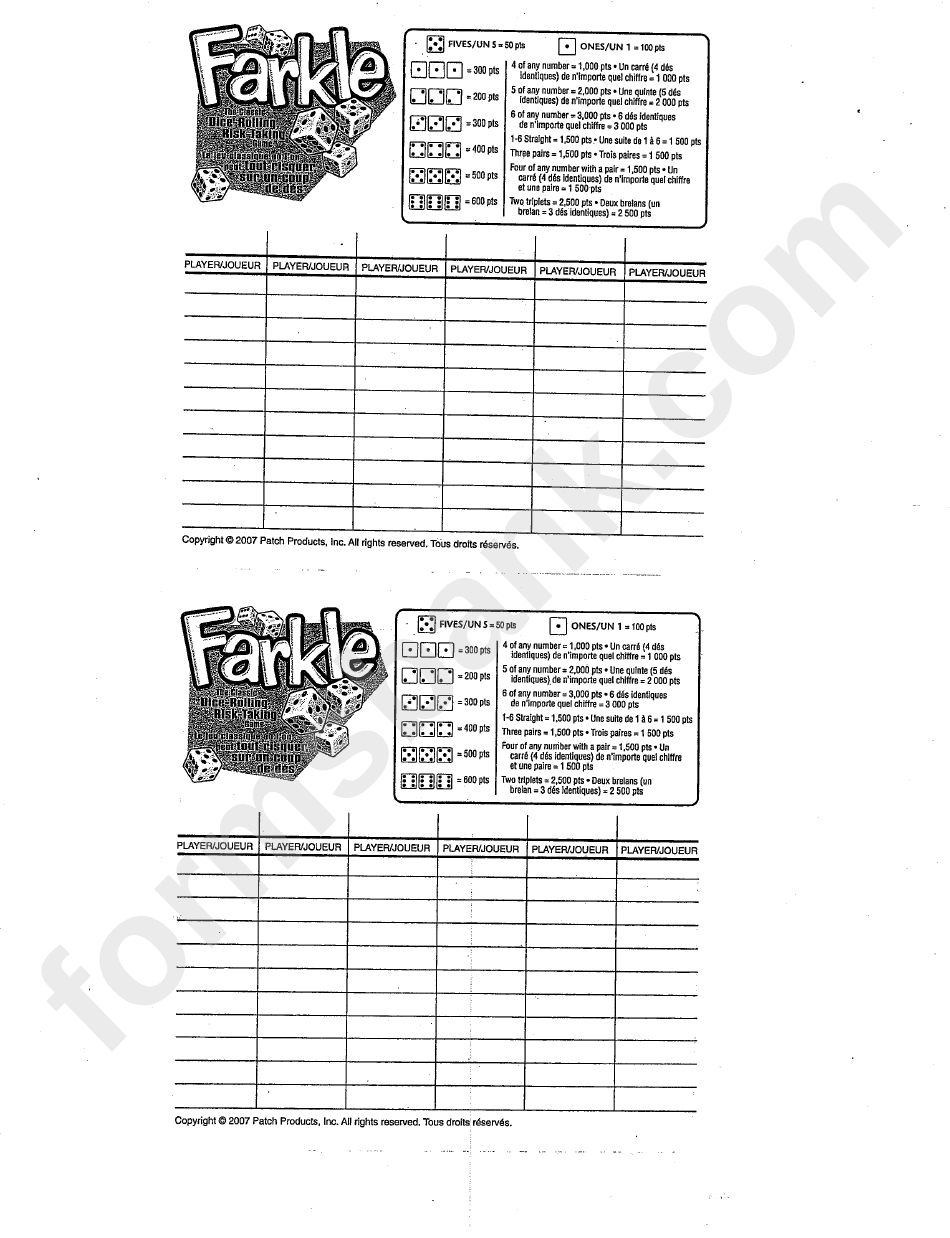 Farkle Score Sheet And Rules