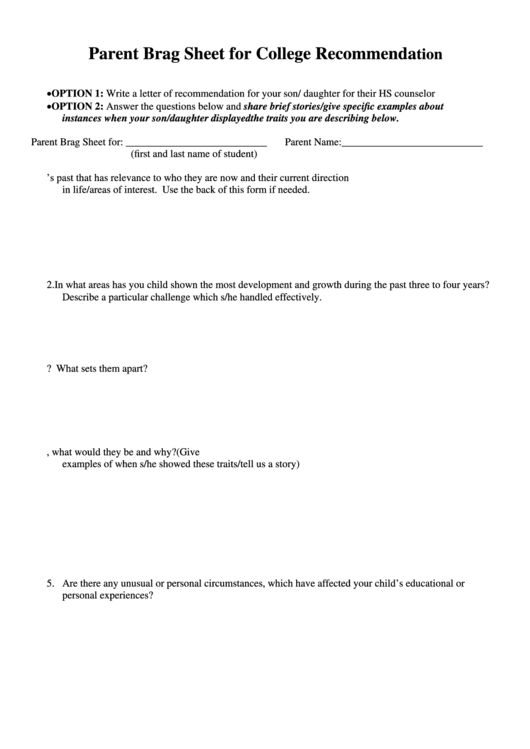Parent Brag Sheet For College Recommendation Printable pdf