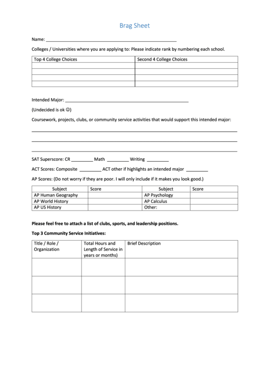 Fillable Brag Sheet Form Printable Pdf Download