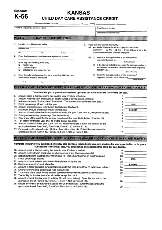 Fillable Schedule K-56 - Kansas Child Day Care Assistance Credit Printable pdf