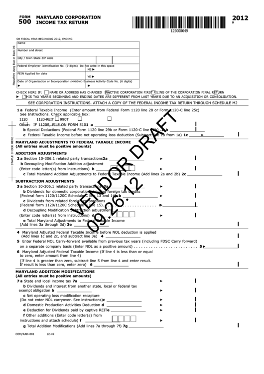 Form 500 Vendor Draft - Maryland Corporation Income Tax Return - 2012