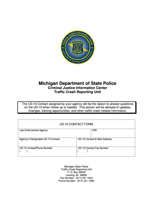 Ud-10 Contact Form - Criminal Justice Information Center Traffic Crash Reporting Unit - Michigan Department Of State Police Printable pdf
