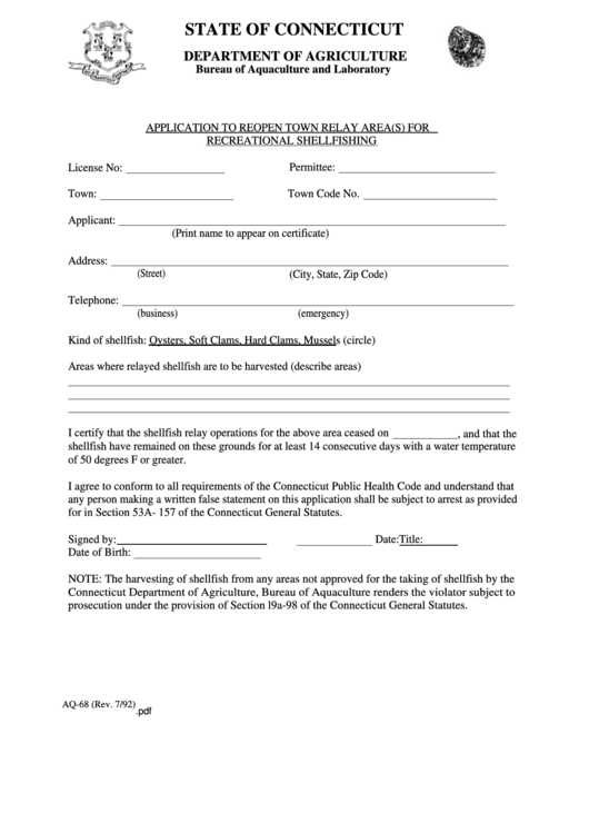 Fillable Form Aq-68 - Application To Reopen Town Relay Area(S) For Recreational Shellfishing - State Of Connecticut Printable pdf