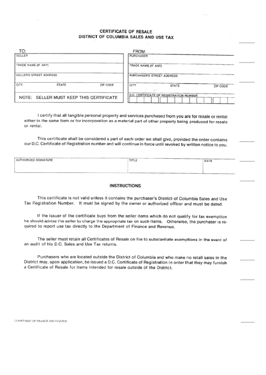 Certificate Of Resale - District Of Columbia Sales And Use Tax Printable pdf