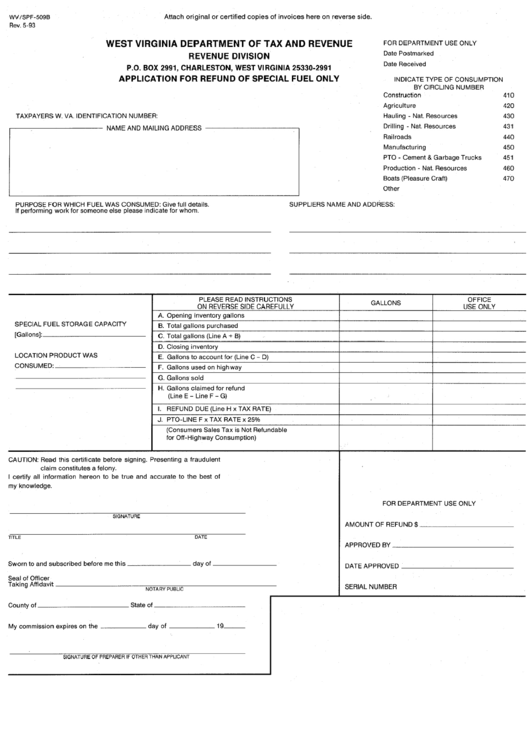 Fillable Form Spf-509b - Application For Refund Of Special Fuel Only - West Virginia Department Of Tax And Revenue Printable pdf