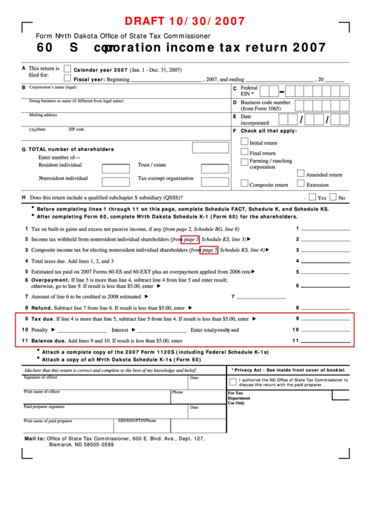 Form 60 Draft - S Corporation Income Tax Return - 2007 Printable pdf