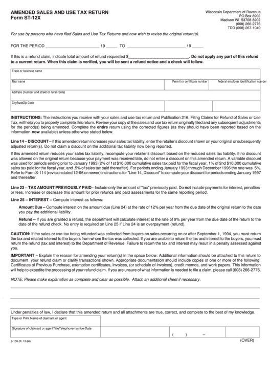 Fillable Form St-12x - Amended Sales And Use Tax Return - Wisconsin Department Of Revenue Printable pdf
