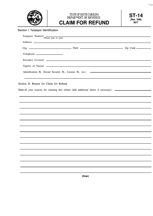 Fillable Form St-14 - Claim For Refund - South Carolina Department Of Revenue Printable pdf
