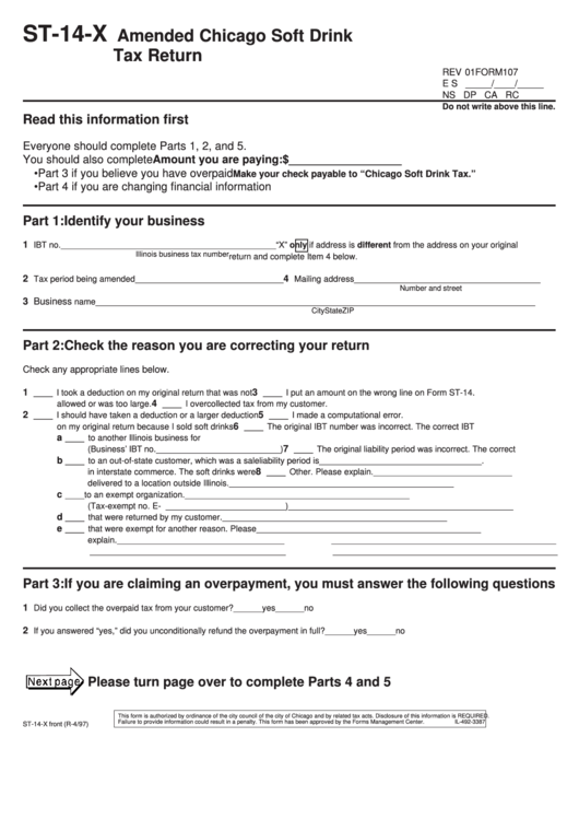 Fillable Form St-14-X - Amended Chicago Soft Drink Tax Return - 1997 Printable pdf
