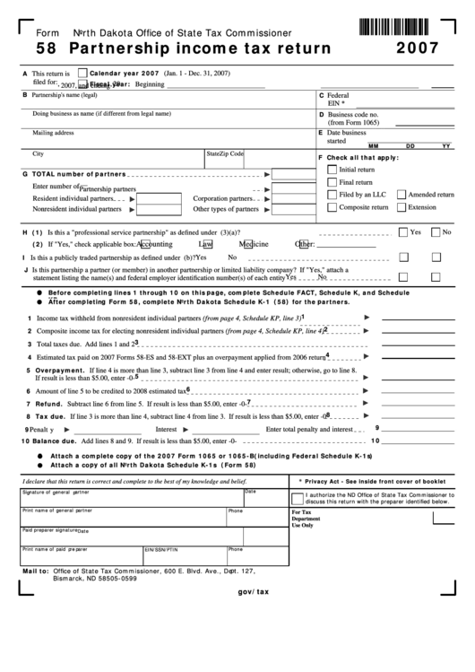 Form 58 - Partnership Income Tax Return - 2007 Printable pdf