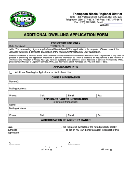 Additional Dwelling Application Form - Thompson-Nicola Regional District Printable pdf