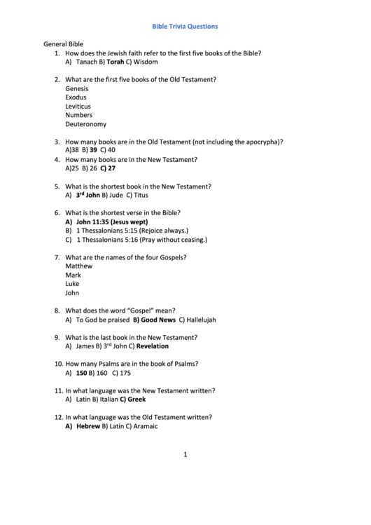 Bible Trivia Questions Sheet With Answers Printable Pdf Download