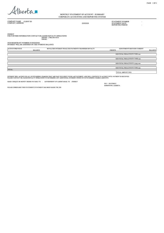 Monthly Statement Of Account-Summary Form - Alberta Printable pdf