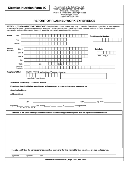 Dietetics And Nutrition Form 4c - Report Of Planned Work Experience Printable pdf