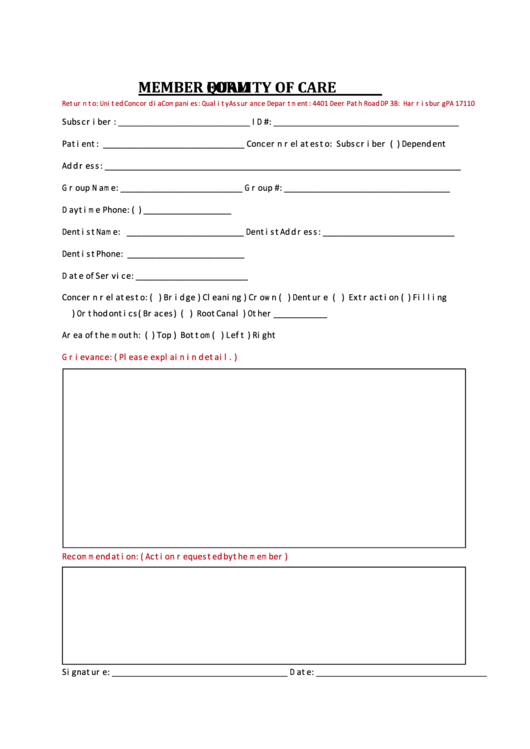 Fillable Member Quality Of Care Form - City Of Harrisburg,pennsylvania Printable pdf