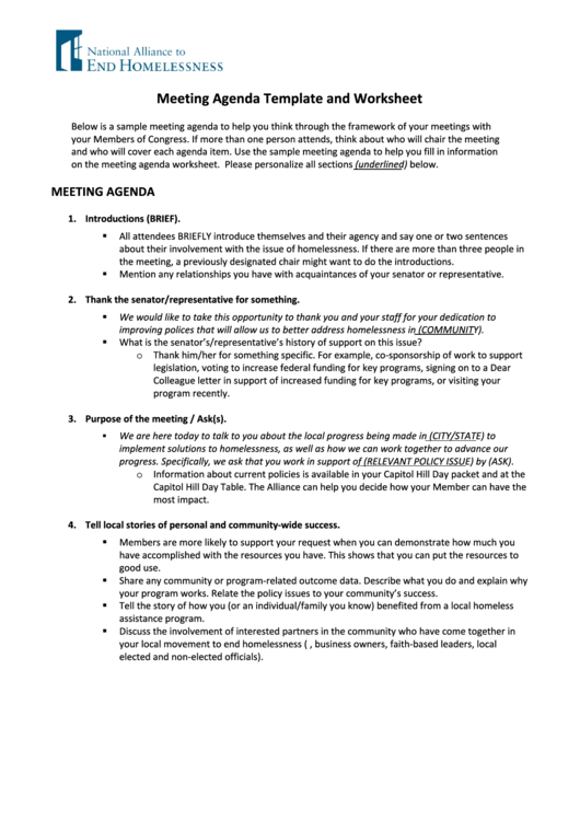 Meeting Agenda Template And Worksheet Printable pdf