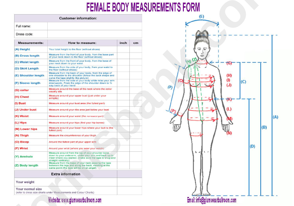 Female Body Measurements Form printable pdf download