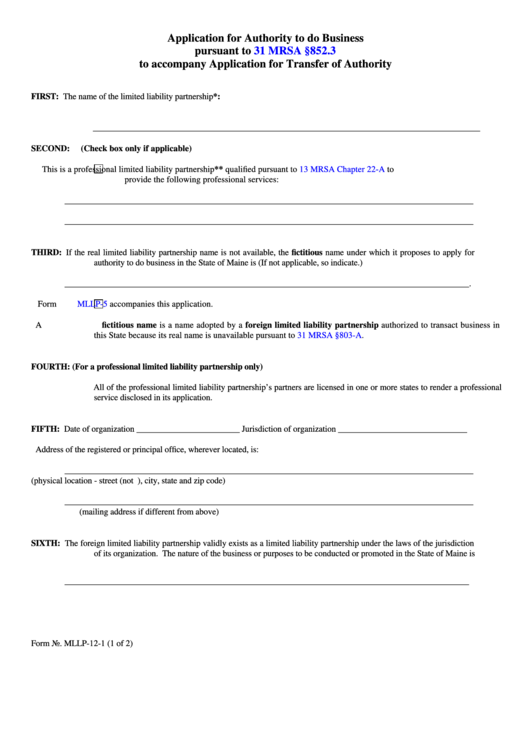 Fillable Form Mllp-12-1 - Application For Authority To Do Business Pursuant To 31 Mrsa 852.3 To Accompany Application For Transfer Of Authority - 2008 Printable pdf