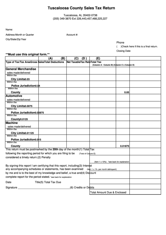 Fillable Tuscaloosa County Sales Tax Return Form Printable pdf