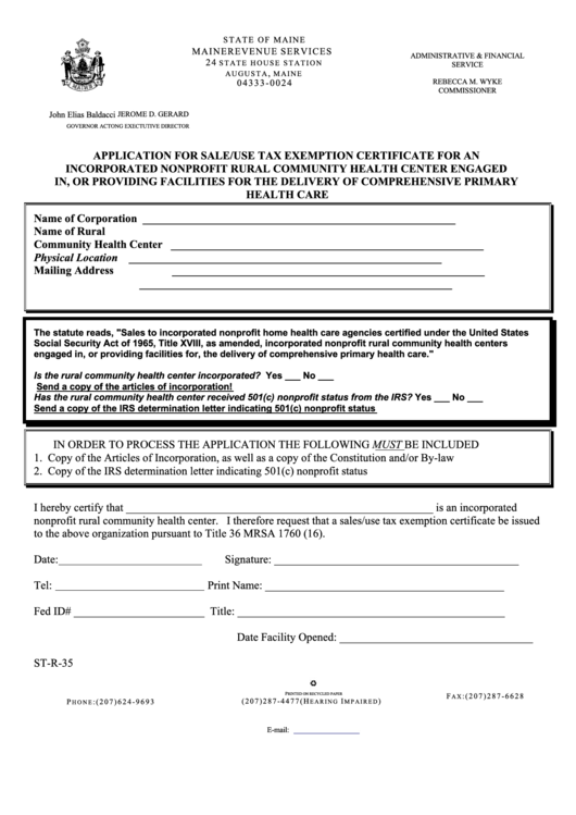 Form St-R-35 - Application For Sale/use Tax Exemption Certificate For An Incorporated Nonprofit Rural Community Health Center Engaged In, Or Providing Facilities For The Delivery Of Comprehensive Primary Health Care Printable pdf