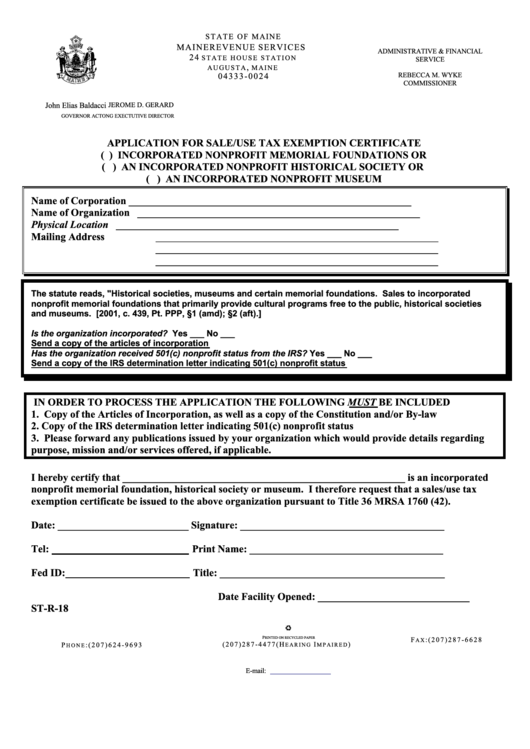 Form St-R-18 - Application For Sale/use Tax Exemption Certificate Incorporated Nonprofit Memorial Foundations Or An Incorporated Nonprofit Historical Society Or An Incorporated Nonprofit Museum Printable pdf