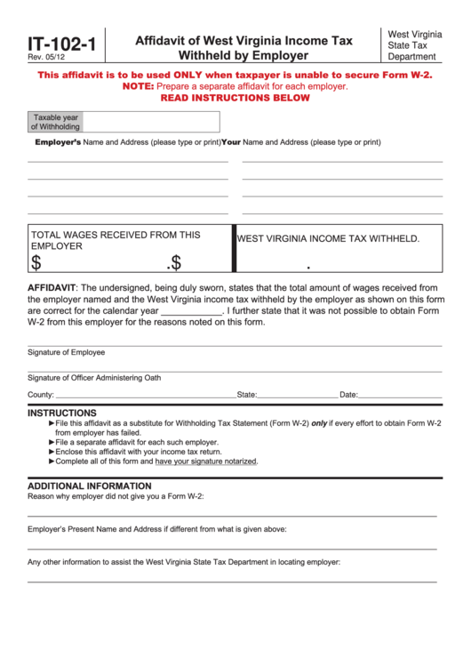 Form It-102-1 - Affidavit Of West Virginia Income Tax Withheld By Employer Printable pdf