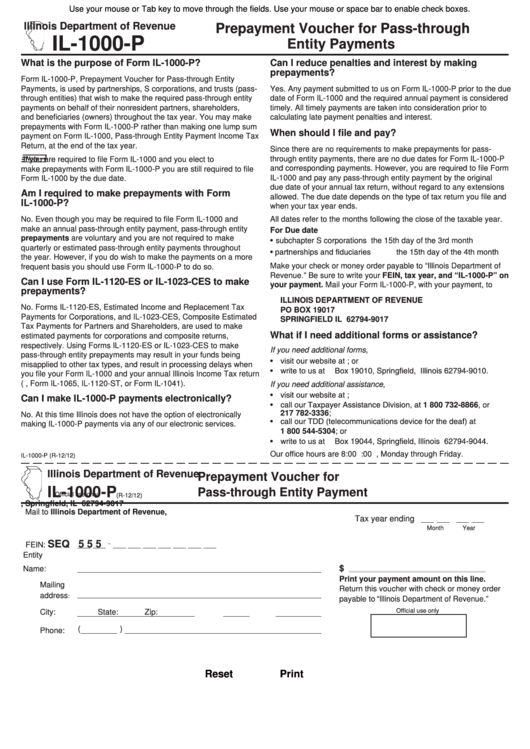 Fillable Form Il-1000-P - Prepayment Voucher For Pass-Through Entity Payment - 2012 Printable pdf