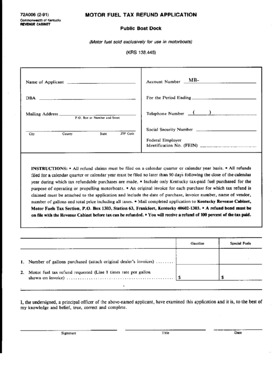 Form 72a006 - Motor Fuel Tax Refund Application Public Boat Dock Printable pdf
