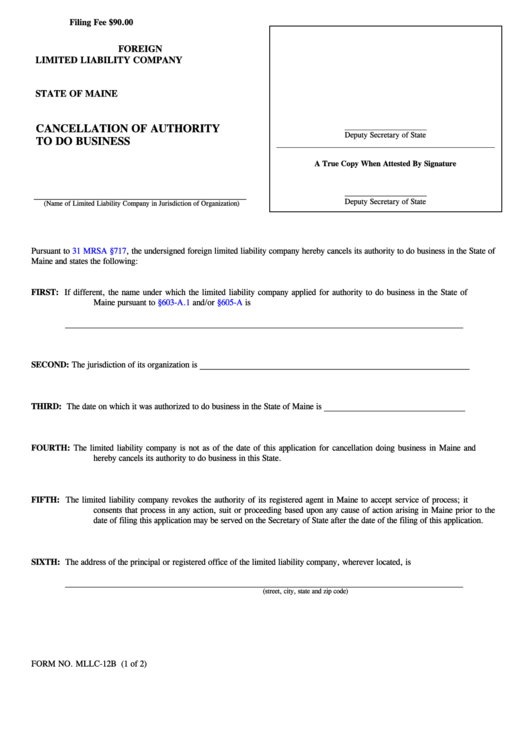 Fillable Form Mllc-12b - Foreign Limited Liability Company Cancellation Of Authority To Do Business - 2004 Printable pdf